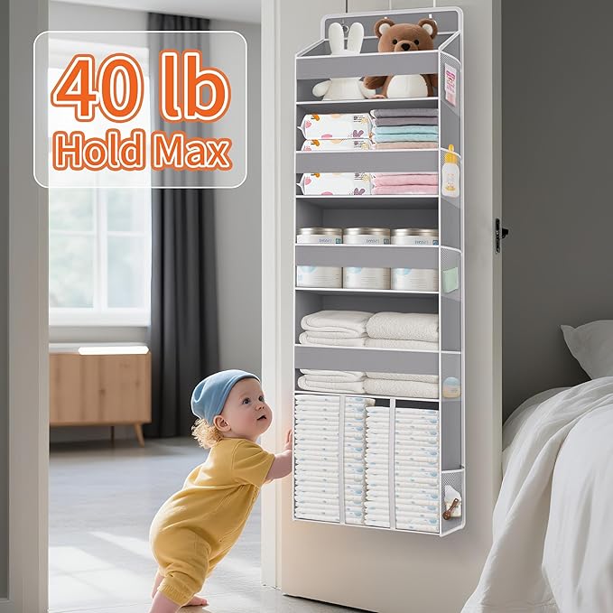 Heavy Duty Over the Door Organizer with Large Capacity Caddy, Behind Door Storage with 10 Mesh Side Pockets, Back of Door Hanging Organizer for Closet, Bathroom, Laundry