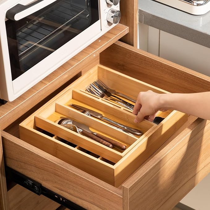 Double Bamboo Kitchen Drawer Organizer, 2-tier Utensil Deep Drawer Organizer, Removable Utensil Holder and Cutlery Tray Storage for Chopsticks, Spoons, Forks, Various Tableware and Cookware