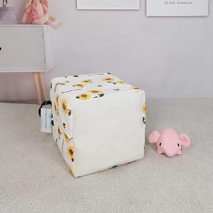 LANGYASHAN Square Storage Baskets Waterproof Canvas Children Laundry Nursery Hamper for Shelves Gift Baskets Toy Organizer Room Decor (Square Sunflower)
