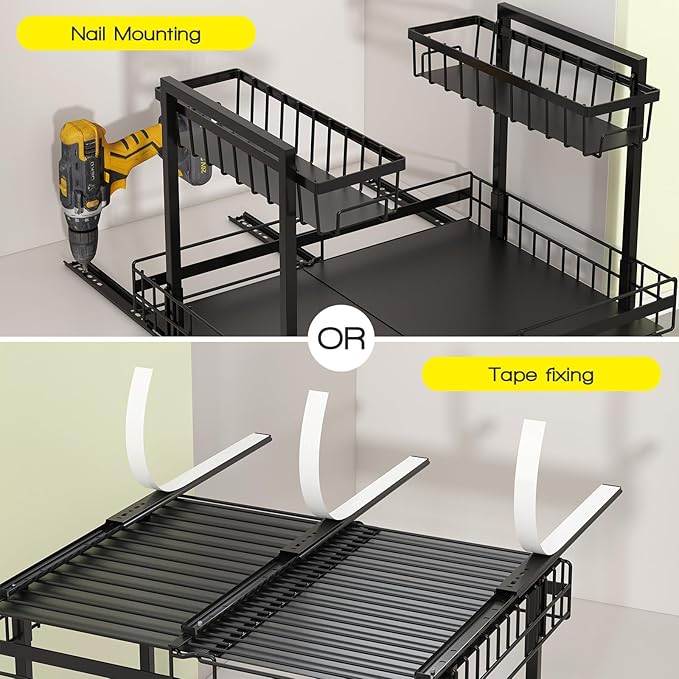 NADAMOO Expandable Under Sink Organizer 2-Tier Black Metal Storage Shelf, Adjustable Under Cabinet Organizer for Kitchen & Bathroom, Space-Saving Rack for Cleaning Supplies & Laundry Essentials
