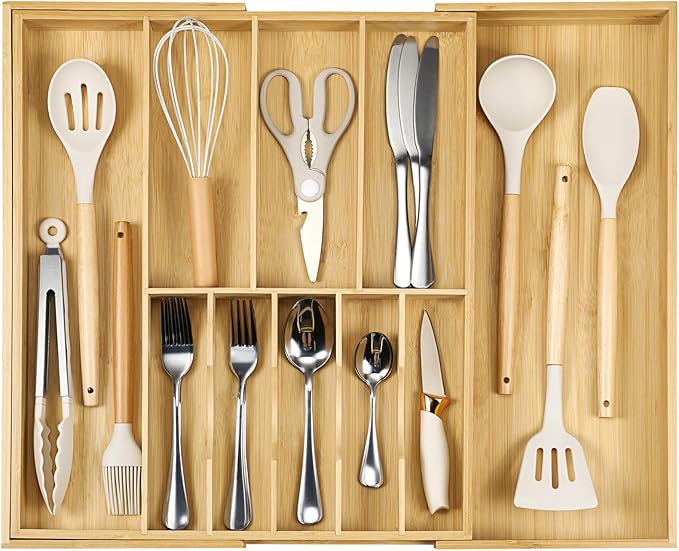 Fabsome Silverware Organizer for Cabinet Drawer, Expandable from 16.7'' to 30'' Wide Bamboo Wood Flatware Tray for Large Kitchen Drawers, Cutlery Utensil Holder
