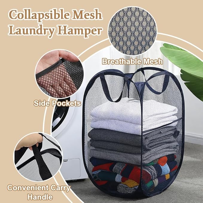 6Pcs Mesh Pop Up Laundry Hamper, FHDUSRYO Foldable Pop Up Hamper, Collapsible Laundry Basket with Carry Handles, Portable Dirty Clothes Basket with 6 Wash Bags, Mesh Hamper for Dorm Bedroom Travel