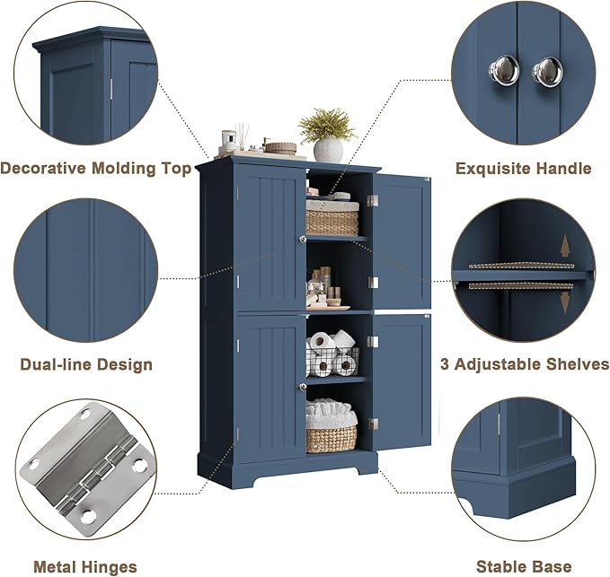 ChooChoo Bathroom Floor Cabinet, Modern Bathroom Storage Cabinet with 4 Doors and Adjustable Shelves, Freestanding Cupboard for Living Room, Blue