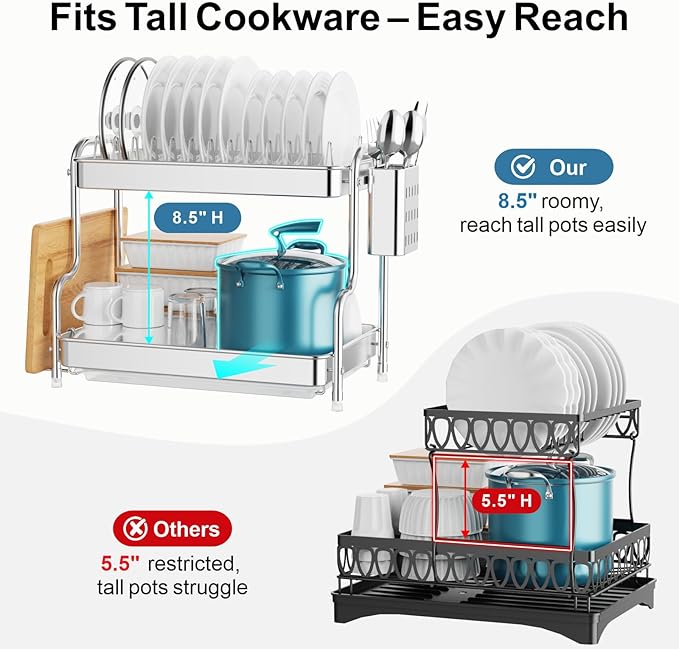 GSlife Dish Drying Rack for Kitchen Counter - Stainless Steel 2 Tier Dish Drainer with Drain Board, Stainless Steel Utensil Holder, Cutting Board Holder, 21" L x 10.8" W x 13.8" H, Silver