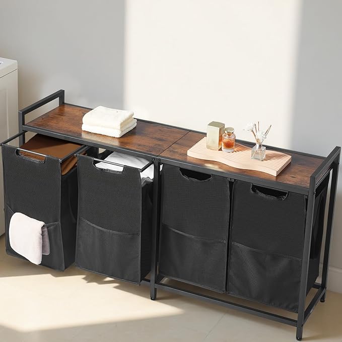 VEVOR 4 Section Laundry Sorter, Large Laundry Hamper with Metal Frame and Wooden Tabletop, Freestanding Storage Organizer Baskets with Pull-Out 600D Oxford Cloth Bags for Dirty Clothes, Bathroom