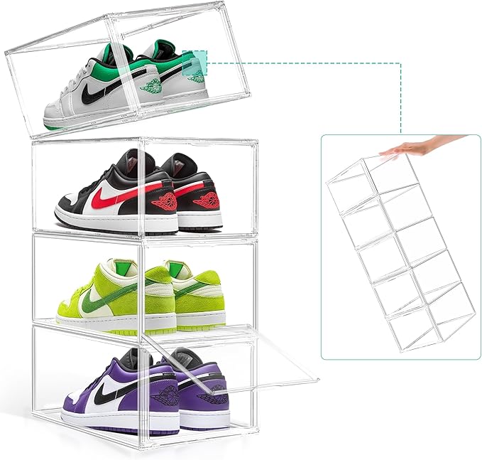 12 Pack Drop-Front Clear Shoe Storage Box Acrylic Box Shoe Organizer Size 13, Stackable Shoe Tower with Magnetic Door Large Storage Bins for Sneaker Containers Display & Closet Organization