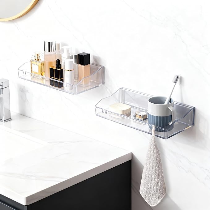 Clear Floating Shelves, Acrylic Shelves for Bathroom Organizers and Storage, Bathroom Shelf with Adhesive Shelf or Screws, Wall Mount Organizer for Shower Caddy,Room Decor, Kitchen, Living Room