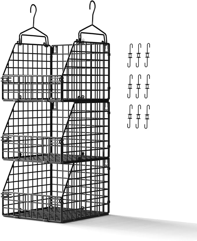 Larger & Deeper Hanging Storage Basket, Closet Organizers and Storage, Hanging Shelves Wire Baskets for Clothing Sweaters Purse Handbags Shoes Black 3 Tier