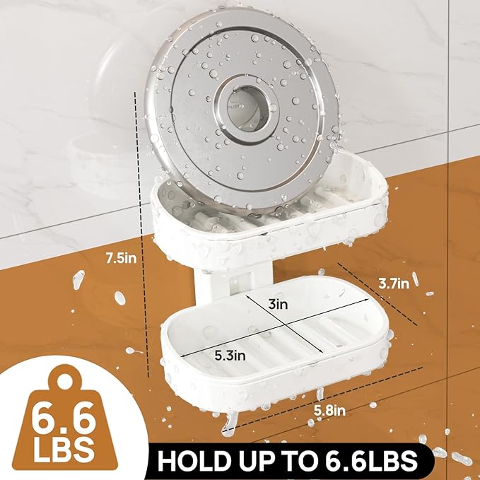 LEVERLOC Soap Dish Holder for Shower Double Layer Suction Cup Wall Mounted NO-Drilling Self Draining Removable Waterproof Strong Suction Bar Soap Sponge Holder for Shower Bathroom Bathtub Kitchen