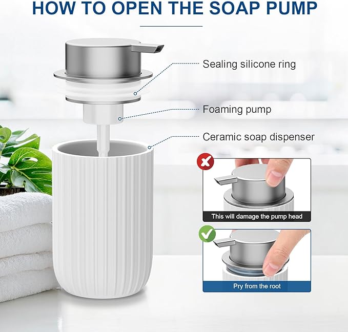 Ceramic Foaming Soap Dispenser, 12 oz Bathroom Foam Hand Soap Dispenser, Refillable Lotion Soap Dispenser with Removable Pump for Kitchen Hand Wash Dispenser, Modern Home Decor (White)