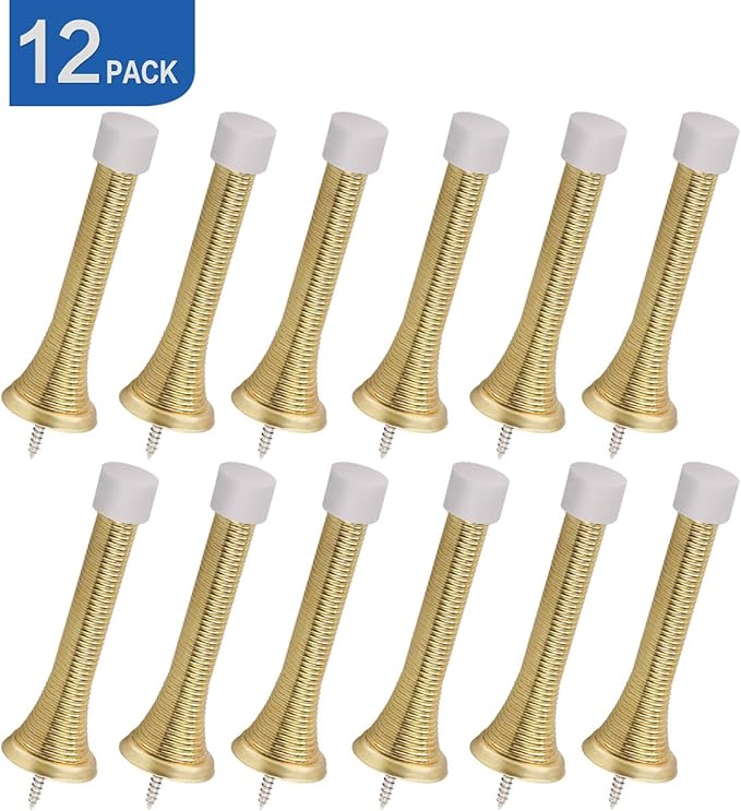 HOMOTEK 12 Pack Spring Door Stopper with Rubber Bumper 3-1/8" Flexible Spring Heavy Duty Wall Door Stop Low Mounted Door Bumper for Home (Bright Brass)