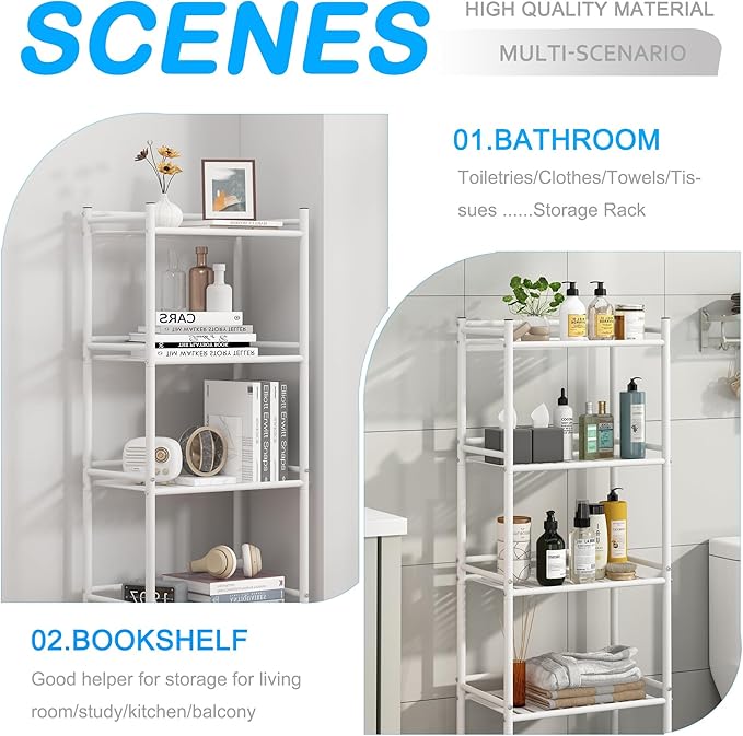 4 Tier Bathroom Storage Open Shelf Unit, Free-Standing Metal Corner Rack Shelving for Kitchen, Living Room, Hallway (White, Wider 4 Tier)