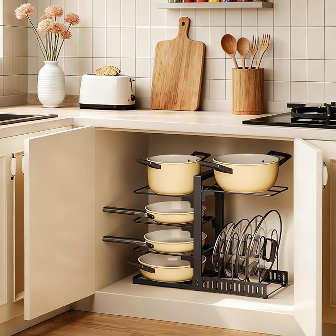 pots and Pans Organizer Under Cabinet, Pot and Pan Organizer Rack, Two-Sided Cookware Holder with Lid Storage, Adjustable Pan Organizer, Pot Holders, for Kitchen, Black TPR40BB