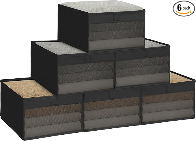 STORAGE MANIAC 6 Pack Storage Bins with Clear Window, Storage Boxes for Shelves, Sturdy Foldable Closet Organization Fabric Shelf Basket for Toy, Towel, Book, Jeans, Offices, Dorm, Wardrobe, Black