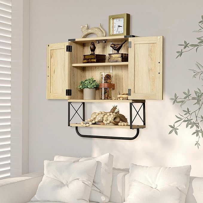 RUSTOWN Farmhouse Medicine Cabinet with 2 Barn Door, Boho Wood Wall Mounted Storage Cabinet with Adjustable Shelf and Towel Bar, 3-Tier Bathroom Cabinet for Bathroom(Rattan,Medium)