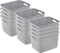 Sterilite 12-Pack Tall Weave Basket, Wicker-Style Plastic Open Storage Bin, Cement Gray - Multi-Purpose Decorative Organizer for Laundry Area, Shelves, Closets, Pantries, Living Rooms or Offices