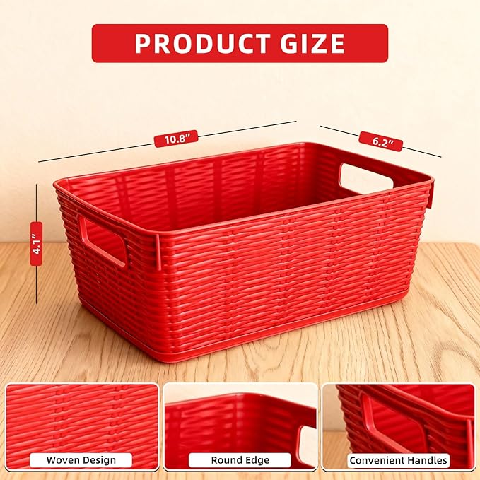 12-Pack Plastic Storage Baskets, Stackable & Nestable Organizer Bins for Toys, Clothes, Home (Red - Rectangular)