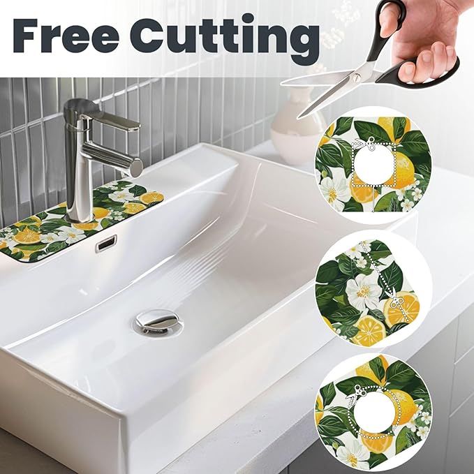 Faucet Draining Mat For Kitchen Sink, Yellow Lemons Green Leaves Diatom Mud Absorbent Drain Pad For Bathroom Kitchen Sink Splash Guard Drying Mat