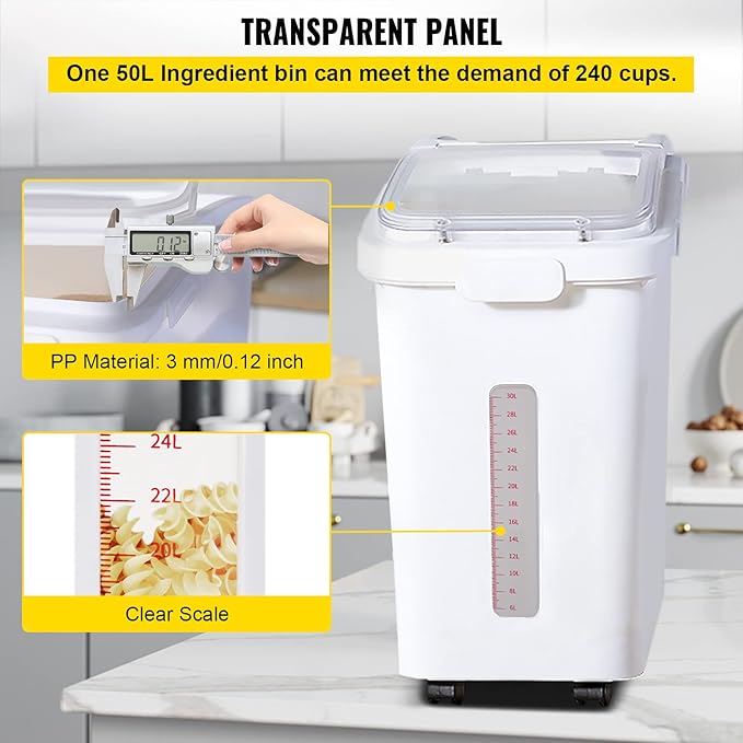 VEVOR Ingredient Storage Bin, 11.4 Gallon Capacity Shelf Ingredient Bin, 280 Cup Flour Bins on Wheels Commercial Prosave Shelf-storage Ingredient Bin with Lid and Scoop Rice Bin for Kitchen White