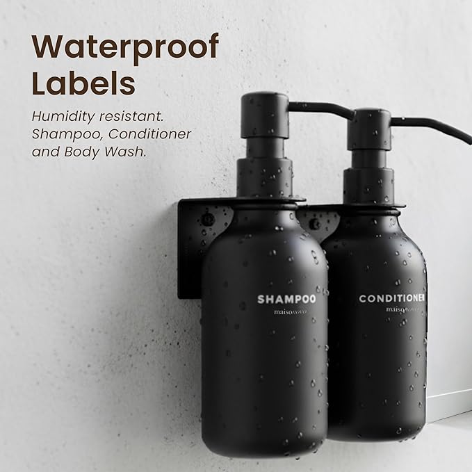 MaisoNovo Shampoo and Conditioner Dispenser - Shower Soap Dispenser Wall Mounted - 16.9 fl oz Set of 2 Black Plastic Bottles Black Plastic Pumps - 2 Chamber No Drill