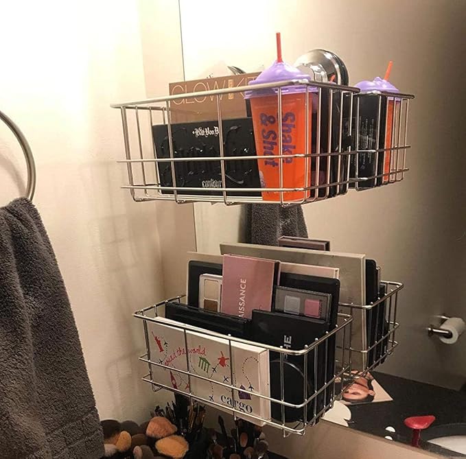 SANNO Suction Cup Shower Caddy Basket for Shampoo Combo Organizer Basket Stainless Steel Holder for Bathroom Storage，pack of 2