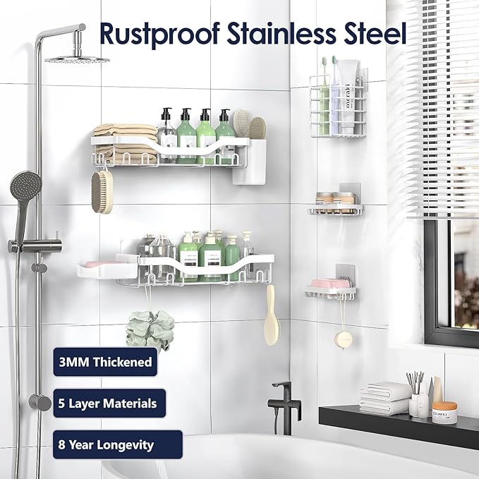 Shower Caddy Adhesive Shower Organizer 7-Pack, Rustproof Stainless Steel Bathroom Shelves, Large Capacity No-Drill Rack Storage Accessories with Soap Dish Toothbrush Holder Hooks
