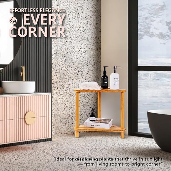 OKIIKOK Corner Shower Stool for Inside Shower Bamboo 2-Tier Waterproof Shower Bench Small Spaces,Shower Foot Rest with Storage Shelf Bath Seat