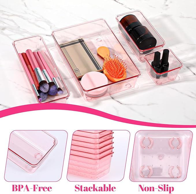 25pcs Pink Plastic Drawer Organizer Set, Clear Stackable Drawer Organizer,Kitchen Drawers Dividers for Bathroom, Office, Kitchen Cabinets and Dressing Tables