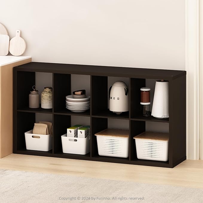 Furinno HERMITE Kitchen Island, 8-Cube Coffee Bar, Extra Thick Kitchen Storage, Bakers Rack, for Pantry Organizers and Storage, Kitchen Organization, Black Dark Oak