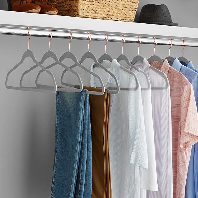 VECELO Premium Velvet Clothes Hangers Suit Heavy Duty (25 Pack)-Non Slip & Space-Saving with 6 Finger Clips & Tie Rack Excellent for Men and Women，Light Gray