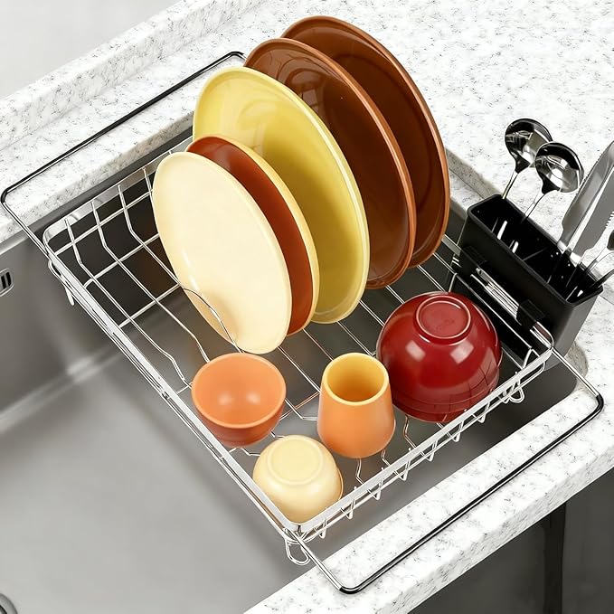 MERRYBOX Stainless Steel Dish Drying Rack, Expandable Dish Drainers for Kitchen Sink, Non-Slip & Durable - Sink Dish Rack with Large Cutlery Holder (Adjustable 15.4" to 23" cm)