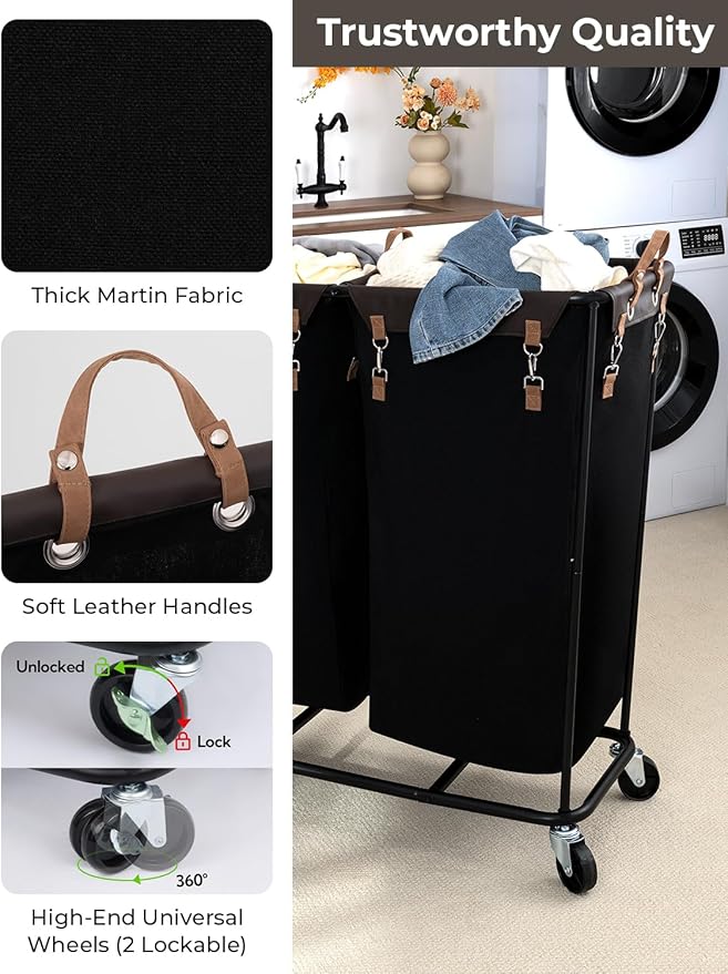 StorageWorks 390L Extra Large Laundry Hamper with Wheels, Laundry Basket with Wheels 2 Sections, Clothes Sorter Cart with Divider for Hotel, Home, Black, 1-Pack