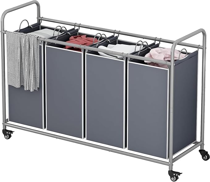 Laundry Basket, 4-Bag Laundry Hamper, Grey Laundry Sorter with Heavy Duty Lockable Rolling Wheels, Laundry Room Organization with Removable Bags Basket Separator for Dirty Clothes Storage