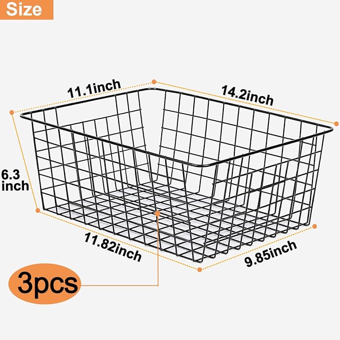 3 Pack Large Wire Baskets for Organizing 14.2'' Metal Wire Baskets with Built-in Handles, Wire Storage Basket Black Metal Freezer Organizer Wire Basket for Pantry, Cabinets, Bathroom
