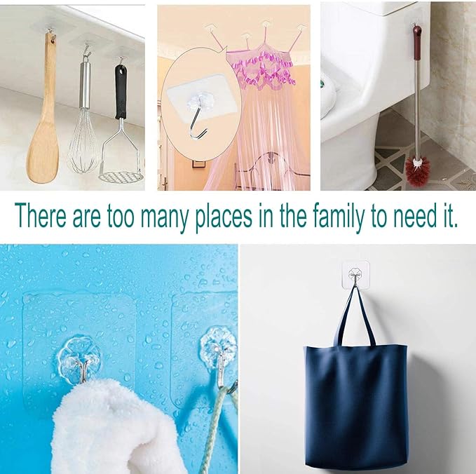12 Pack Heavy Duty Self Adhesive Hooks - 33lb Max, Transparent, Waterproof, Sticky Wall Hooks for Keys, Bathroom, Shower, Outdoor, Kitchen, Door, Home Improvement, Utility