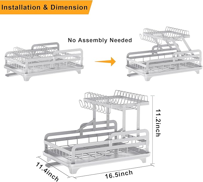 Dish Drying Rack Without Installation 2 Tier Metal Dish Racks for Kitchen Counter for 1-3 People with Drain Board Multifunctional Storage and Drainage Apartment Essentials