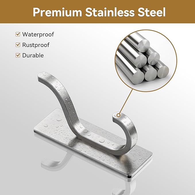 pickpiff Adhesive Wall Coat Hooks - Heavy Duty Stick-On Door Hanger, Metal Hook for Hanging Towel,Purse, Robe, Backpack, Jacket, Clothes - for Bathroom,Dorm, Closet, Kitchen - Brushed Silver, 10 Pack