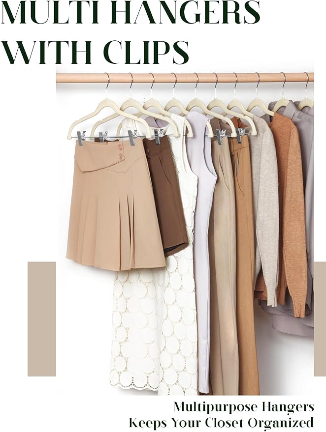 Cozymood Velvet Skirt Hangers - Pack of 24 - Velvet Hangers with Clips Ultra Thin Non Slip Velvet Pants Hangers Space Saving Clothes Hanger for Trouser, Skirts, Jeans, Dress (Beige)