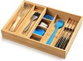 HULISEN Silverware Drawer Organizer with Sliding Top Tray, Double Layer Bamboo Utensil Organizer with Removable Knife Holder, Space-Saving Cutlery Organizer for Kitchen Drawers
