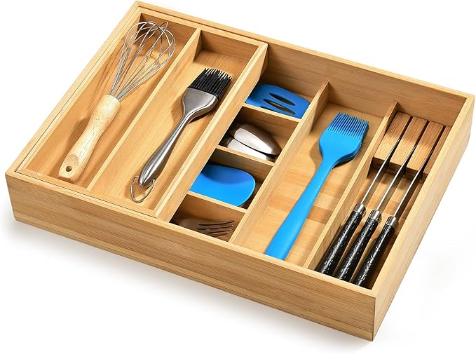 HULISEN Silverware Drawer Organizer with Sliding Top Tray, Double Layer Bamboo Utensil Organizer with Removable Knife Holder, Space-Saving Cutlery Organizer for Kitchen Drawers