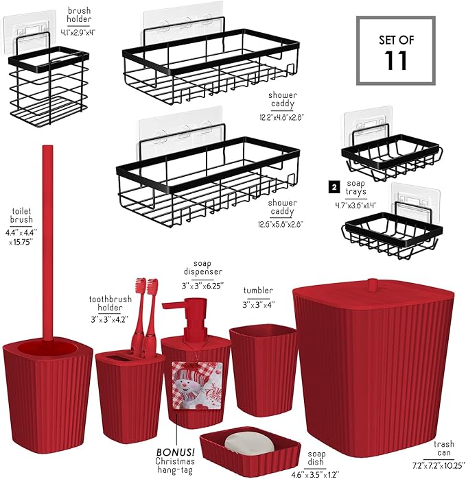 Clara Clark Bathroom Set - Christmas Bathroom Accessories Set, 11PC Bathroom Accessory Set, Christmas Bathroom Sets with Adhesive Corner Shower Caddy Hanging, Toilet Brush, Trash Can & Soap Dispenser