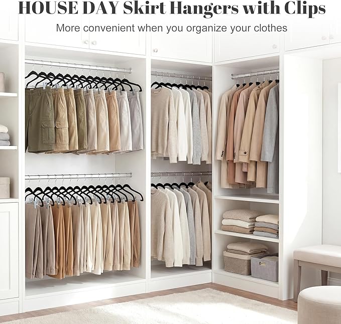 HOUSE DAY Velvet Skirt Hangers 24 Pack, Black Velvet Pant Hangers with Adjustable Clips, Space Saving Slim Shorts Hanger, Heavy Duty Non Slip Clip Hanger for Pants, Skirts, Shorts