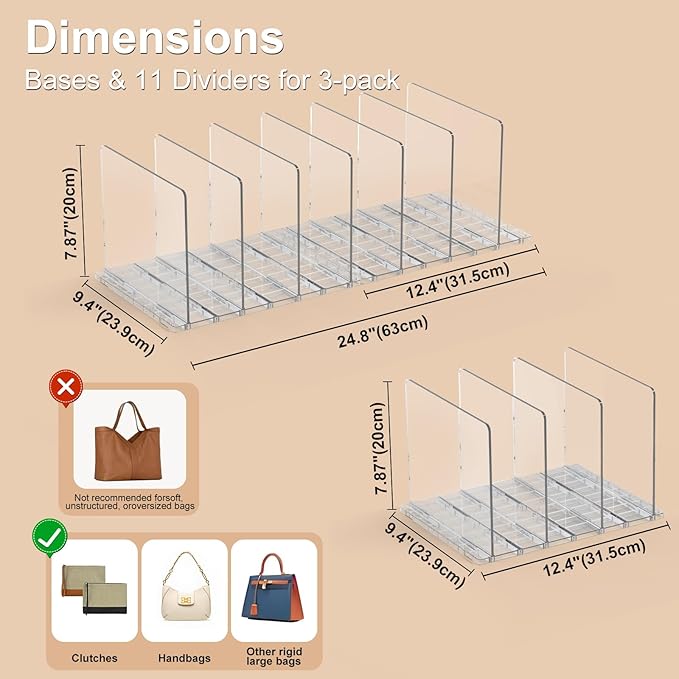 Bag & Purse Organizer for Closet: Adjustable Clear Handbag Storage Shelf - Plastic Clutch Dividers for Closet Organizers and Storage - Keep Carteras & Pocketbook Upright 3 Pack - 11Dividers