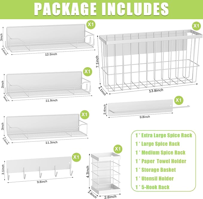 Magnetic Spice Rack for Refrigerator, 7 Pack Magnetic Fridge Shelf for Kitchen Organization Storage, Moveable Spice Organizer W/Paper Towel Holder, Utensil Caddy, Cutting Board Rack (White)