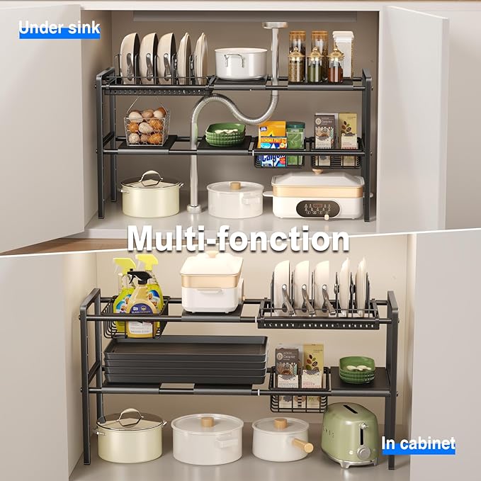 Pots and Pans Organizer Under Cabinet, Expandable 2 Tier Under Sink Organizers Storage Adjustable Height Kitchen Pot and Pan Lid Holder Rack with 6 Dividers(4panels,2baskets,1 Pot rack,Black)