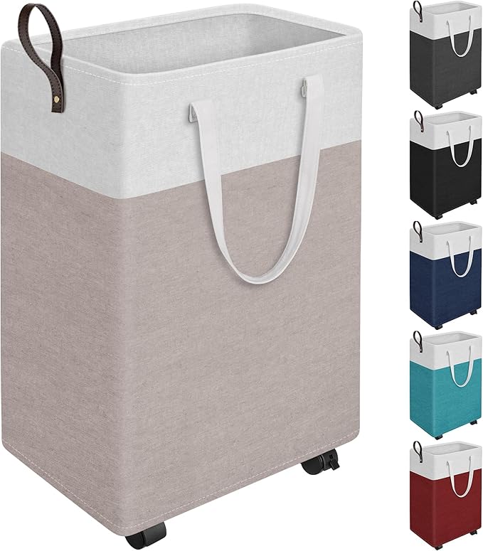 HomeHacks Laundry Basket with Wheels, Rolling Laundry Hamper, Collapsible & Waterproof Clothes Hamper, Narrow Corner Bins with Extended Handles for in the Family & Dorm 90L, Khaki