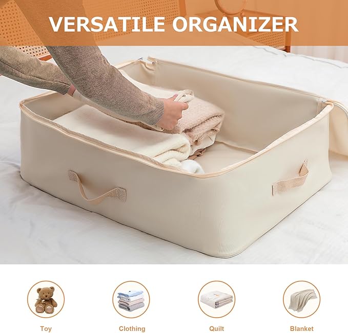 Surblue Clothing Storage Bags Clothes Organizer with Reinforced Handle Foldable Under Bed Storage Bags for Blankets Comforters Quilt Bedding Pillow Toy,3Pcs, Beige