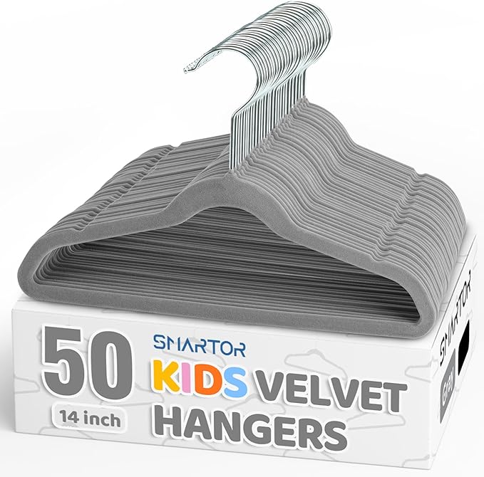 Smartor Premium 14 Inch Kids Hangers 50 Pack, Grey Baby Velvet Hanger, Non Slip, Space Saving Felt Hangers Clothes Organizers for Closet with 360° Swivel Hook for Children, Toddler & Teens