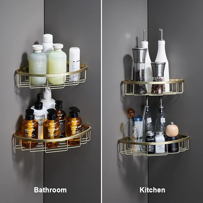 GORDEE [2 Pack Bathroom Corner Shower Caddy Shelf Organizer, SUS304 Stainless Steel Heavy Duty Rust-Proof Shelf Holder, Wall Mounted Storage Rack for Bathroom Kitchen, Brushed Gold