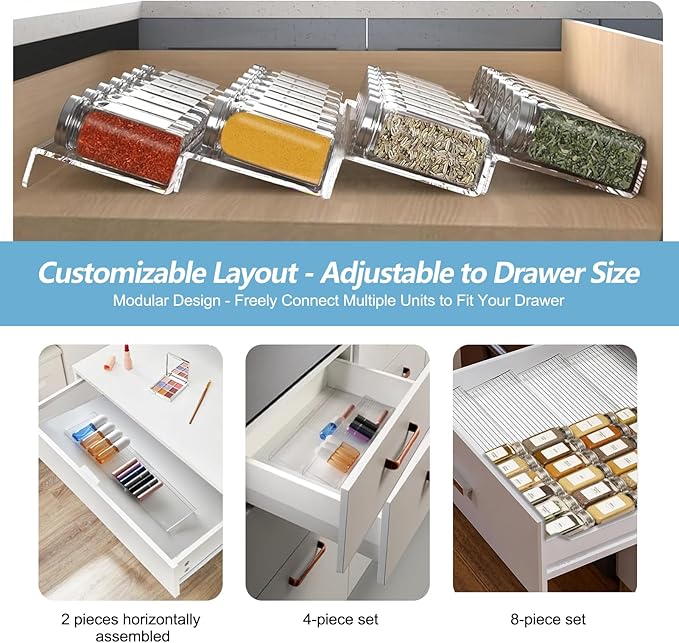Spice Drawer Organizer, 8PCS Seasoning Organizer Clear Spice Rack for Drawer, Expandable from 11'' to 22'' Spices Kitchen Organization Rack for Drawer & Countertop
